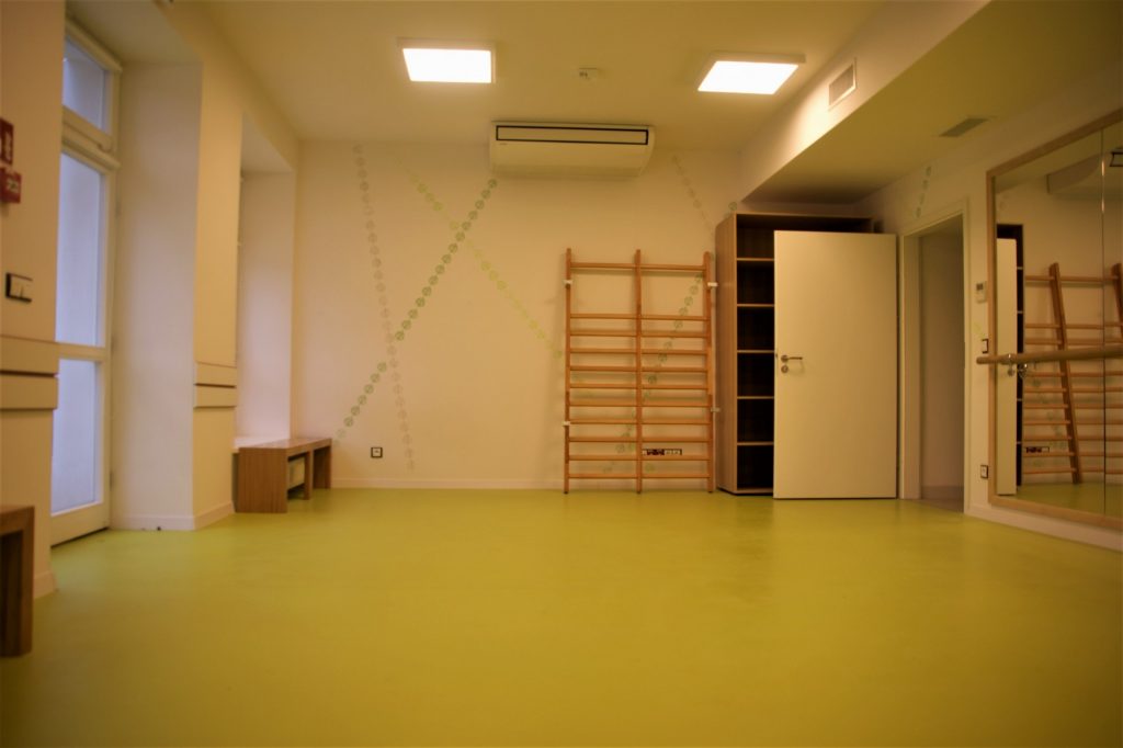 sala z wykłądziną na podłodze, drabinkami i lustrem oraz ławkami