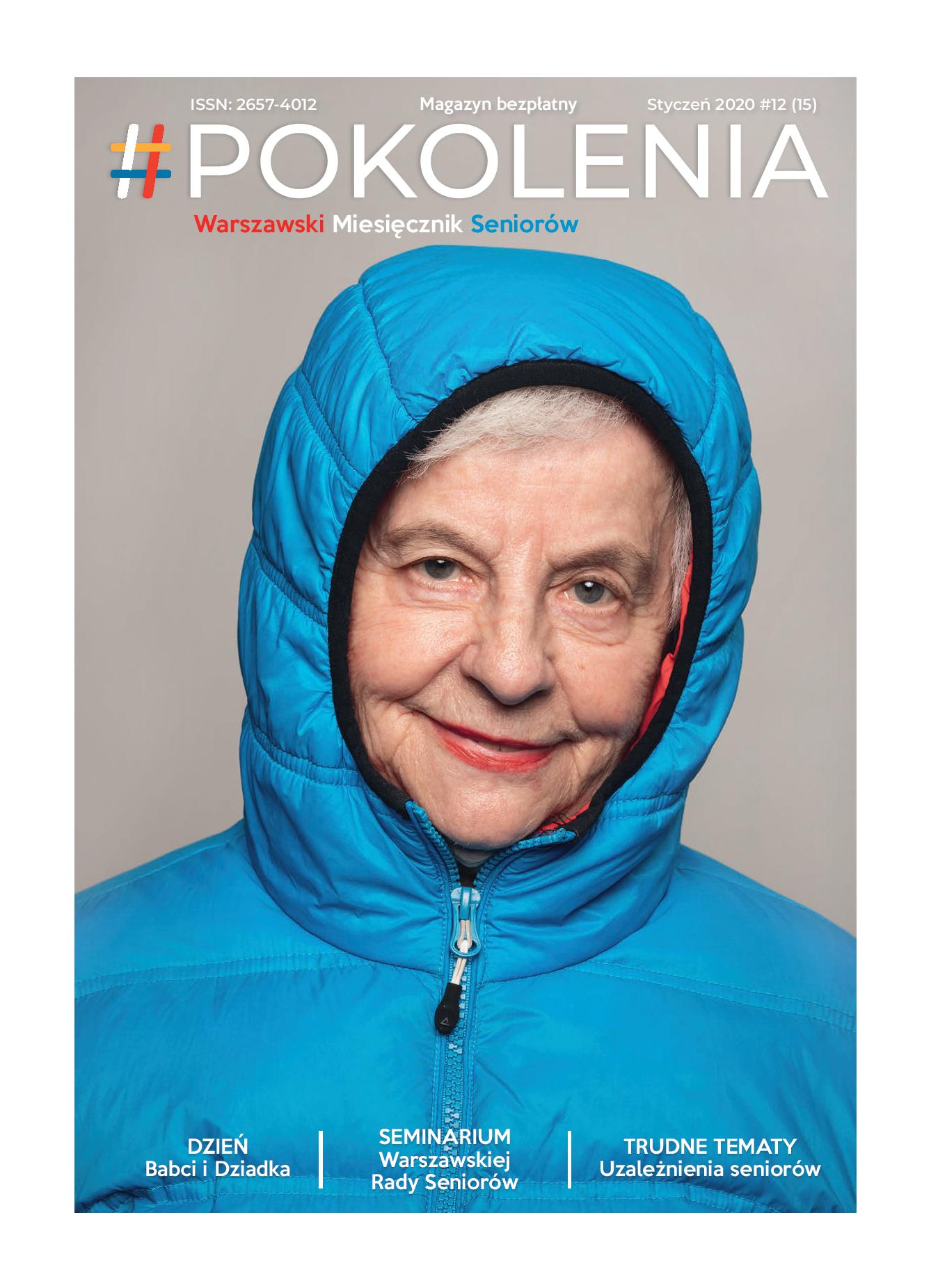 starsza kobieta w niebieskiej kurtce z kapturem na głowie, powyżej tytuł miesięcznika #POKOLENIA