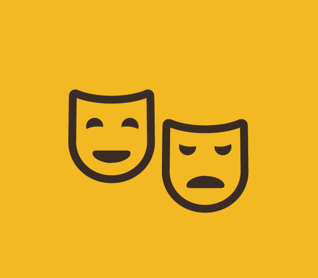 Dwie maski symbolizujące maski teatralne na żółtym tle, jedna ma usta w uśmiech,u druga opuszczone w dół.