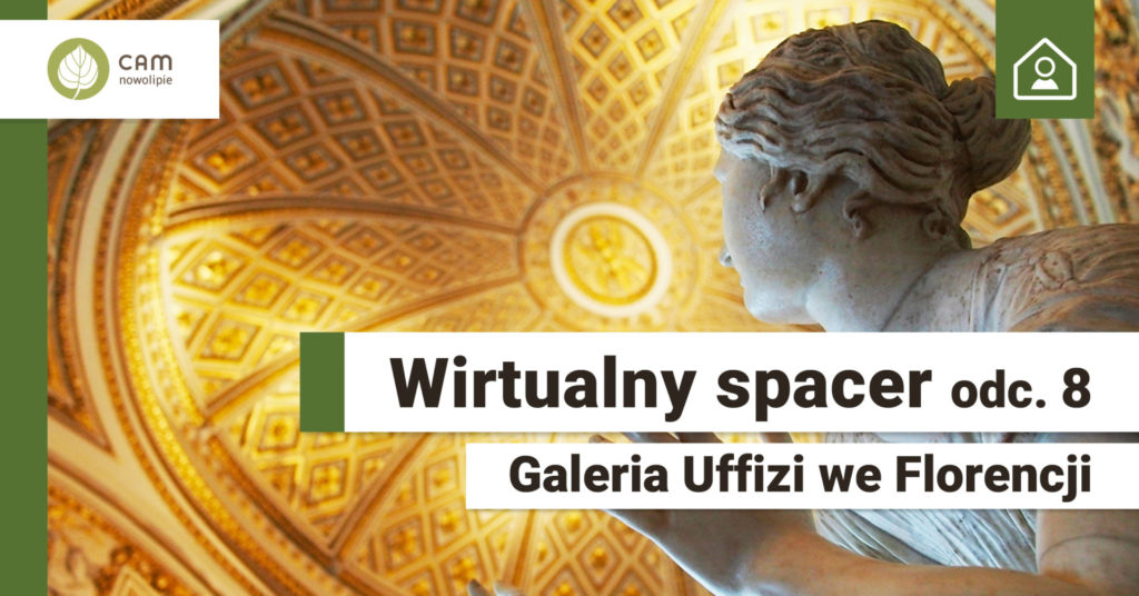 Bogto zdobiony sufit i fragment posagu marmurowego. Na dole napis Wirtualny spcer odc. 8. Galeria Uffizi we Florencji.