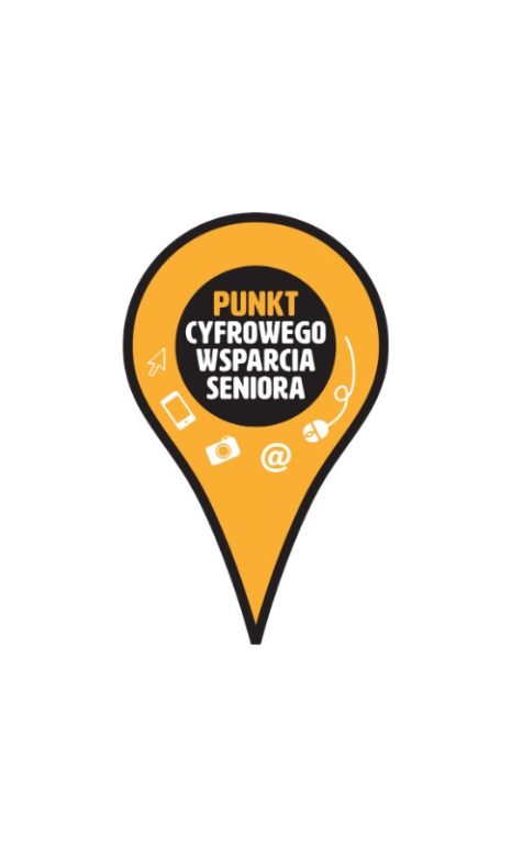 logo PCWS - żółta łezka z symbolami urządzeń cyfrowych